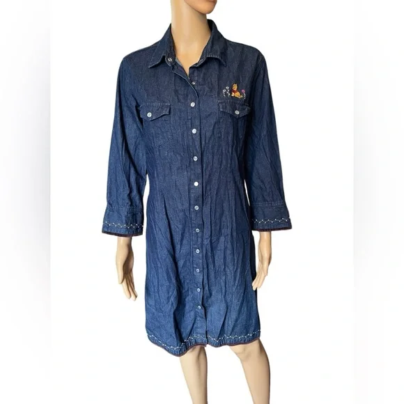 Disney | Dresses | Disney Store Y2k Embroidered Winnie The Pooh Snap Button  Up Denim Midi Dress | Poshmark